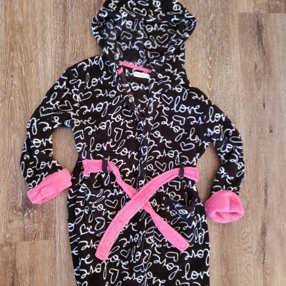 Girls Nevada fuzzy cozy plush bathrobe black pink size S, size 7-8 - Picture 1 of 7